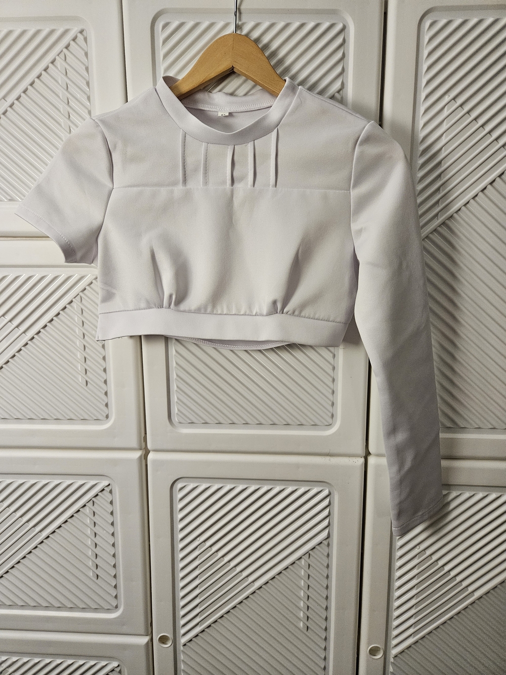 White Cropped One Long Sleeve Top with Pleat Detail
